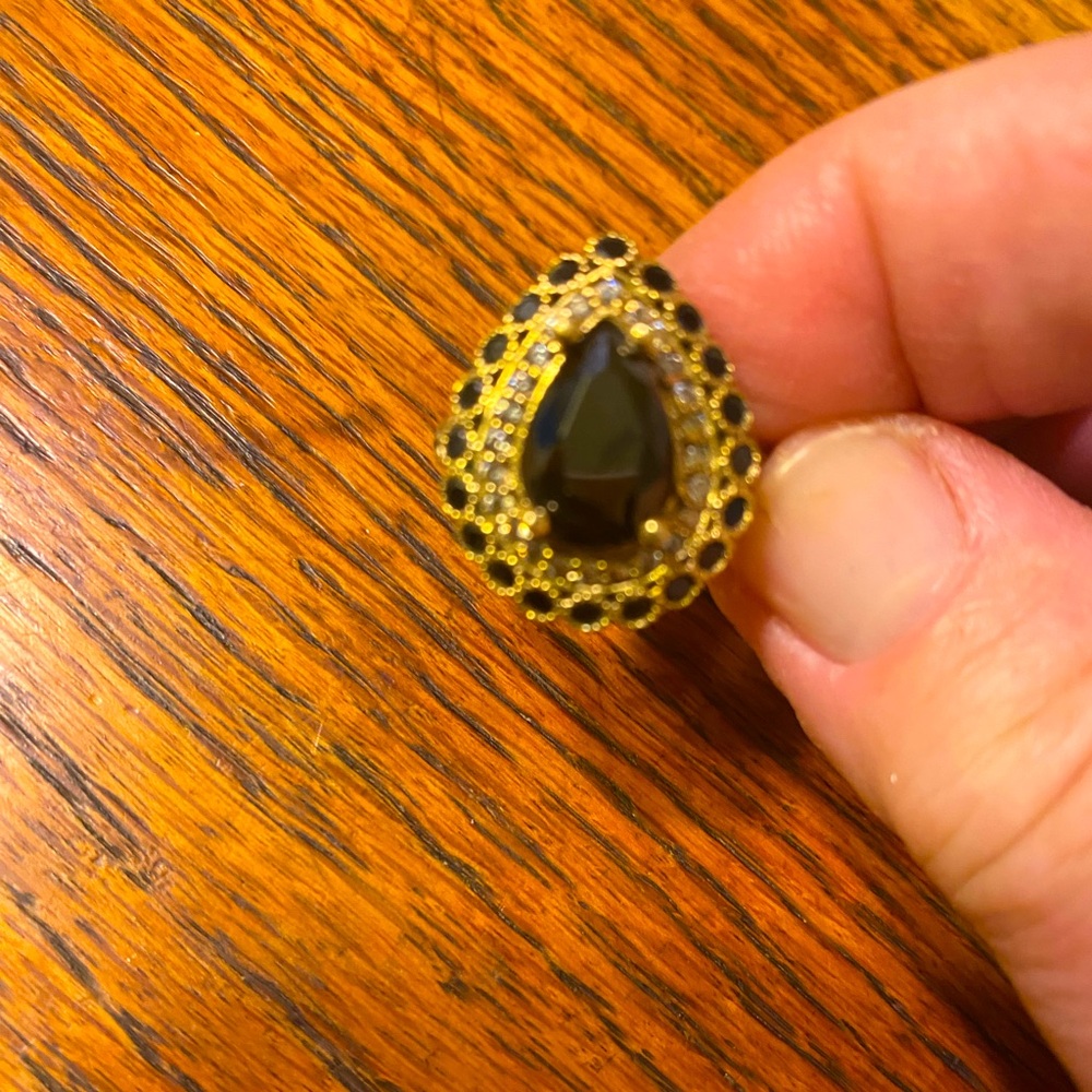 Black Crystal Ring Sterling Silver and Gold Plating